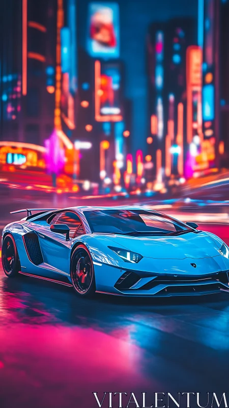 Blue supercar on neon city street at night scene.