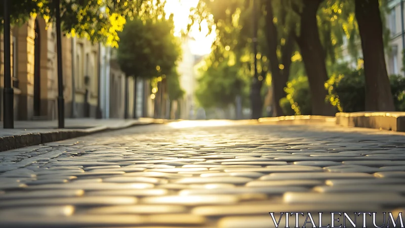 Golden sunrise illuminates a tranquil cobblestone street