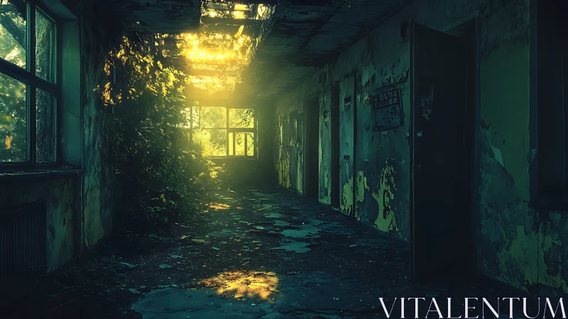 Overgrown derelict corridor bathed in fractured sunlight.