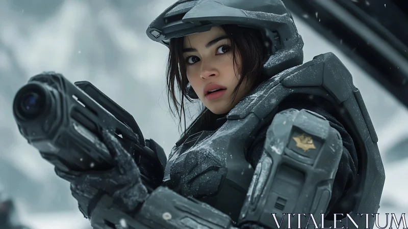 Snowfield vanguard in frostbitten exosuit vigilance.