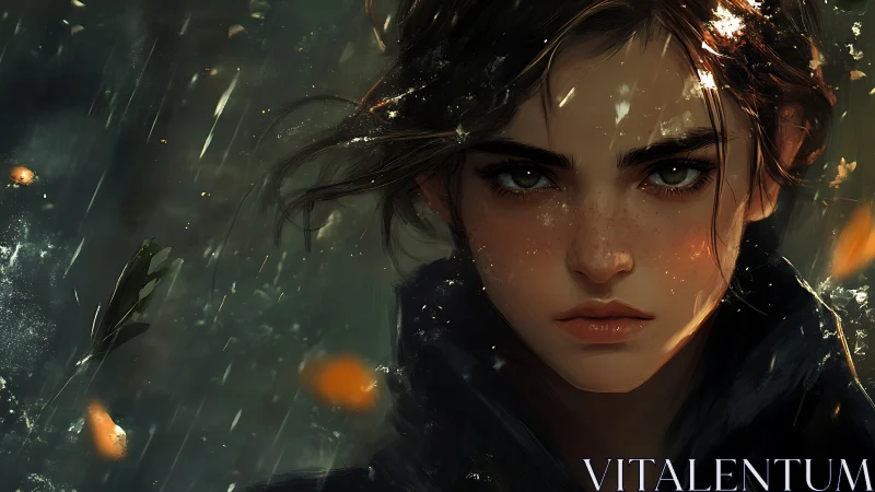 Young woman stares forward amid dynamic rain and debris.