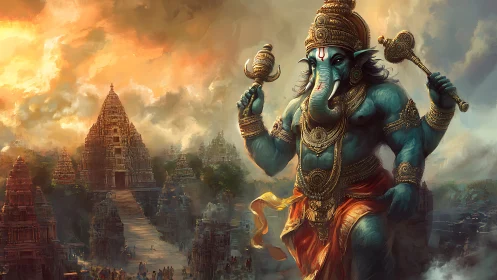 Majestic blue elephant deity watching over glowing temples.