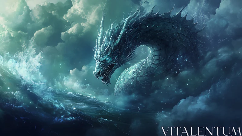 Stormlit sea dragon curls from the waves and claims the sky