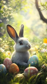 Gentle spring bunny rests among glowing Easter eggs in bloom