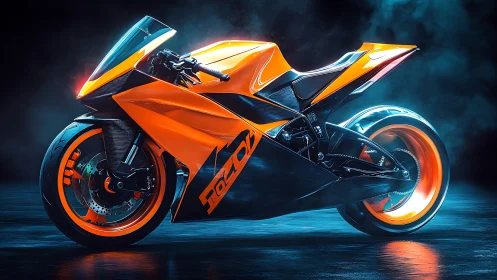Orange futuristic sport motorcycle in studio lighting.