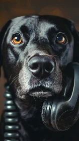 Black labrador portrait holds retro telephone receiver in closeup