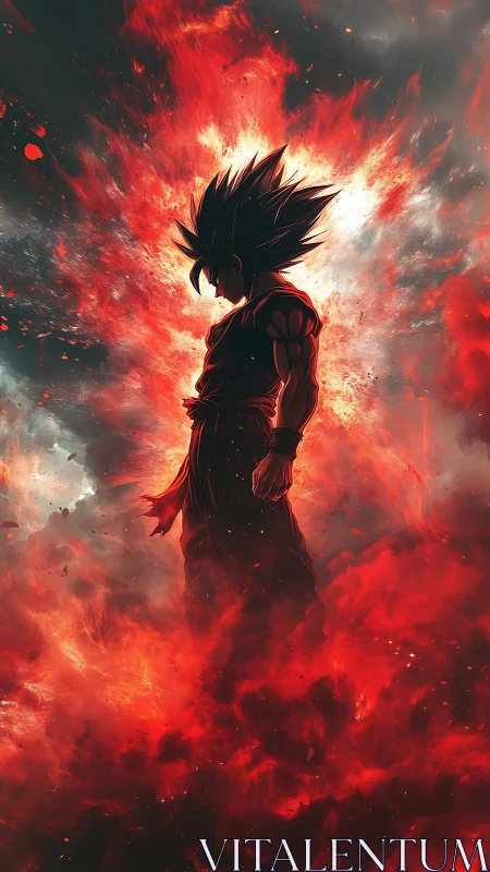 Fiery anime warrior stands shrouded in explosive crimson aura.