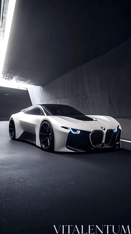 Futuristic white sports coupe in modern tunnel environment.
