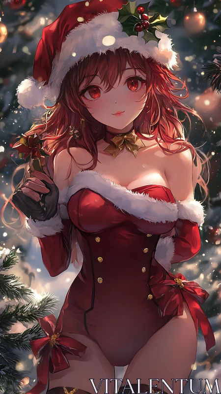 Santa outfit anime girl in festive Christmas scene.