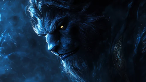 Mythic blue lion warrior rendered in luminous side profile.