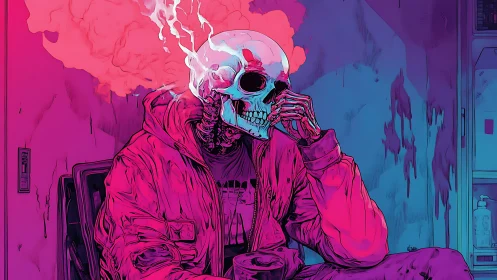 Neon lit skeletal figure exhaling vapor in cyberpunk interior