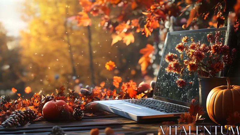 Laptop quietly daydreams among drifting autumn leaves and light