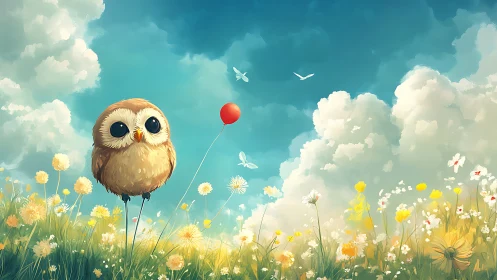 Tiny meadow owl studies one bright balloon sailing skyward
