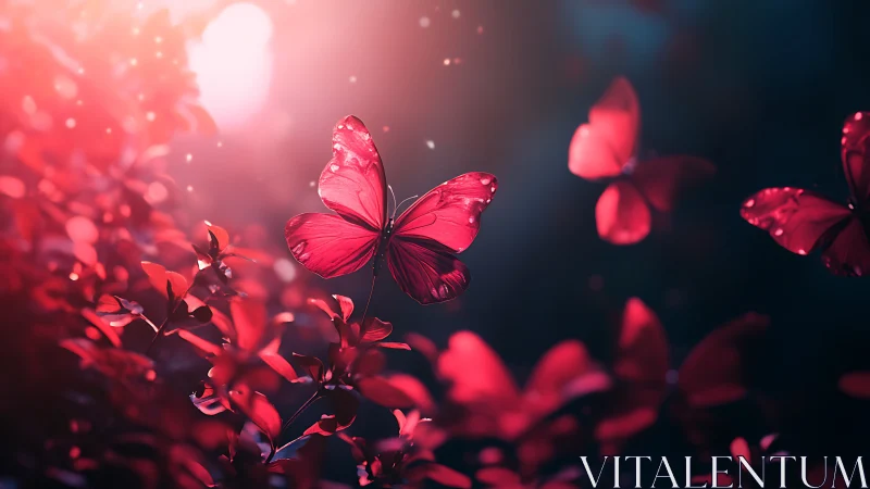 Digital painting of luminous red butterflies in twilight forest.