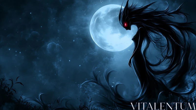 Lunar-silhouetted wraith entity with flowing spectral vectors.