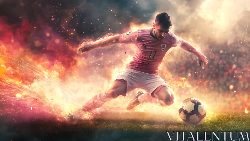 Male soccer player in mid-stride surrounded by digital flames.