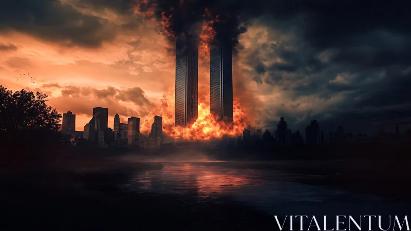 Twin skyscrapers engulfed in urban fire at dusk skyline.