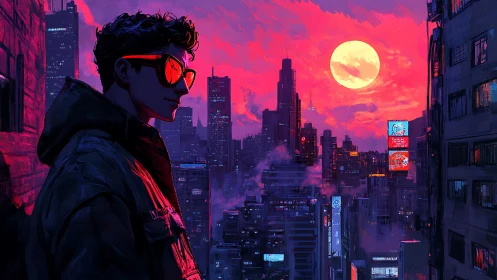 Neon‑lit city watcher basks in a hypnotic cyberpunk sunset