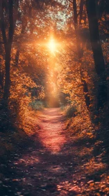 Golden Forest Path Bathed in Magical Autumn Sunlight