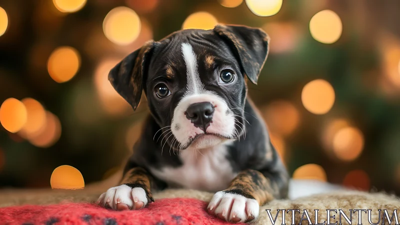 Puppy gazes softly amid warm festive holiday lights glow