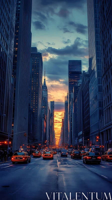 Golden hour glows warmly between tall city towers and taxis