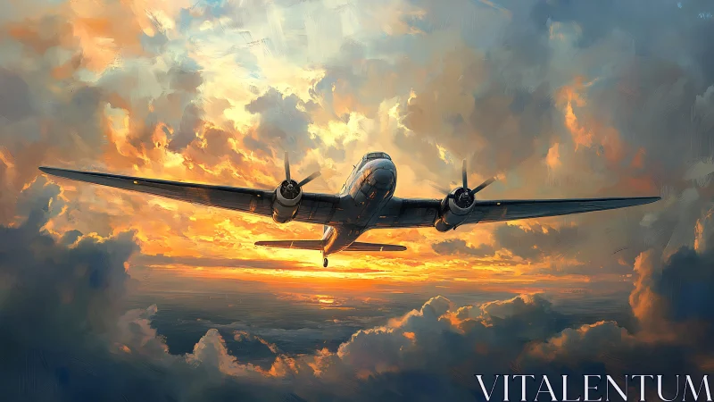 Sunset flight gliding gently through glowing painted clouds.