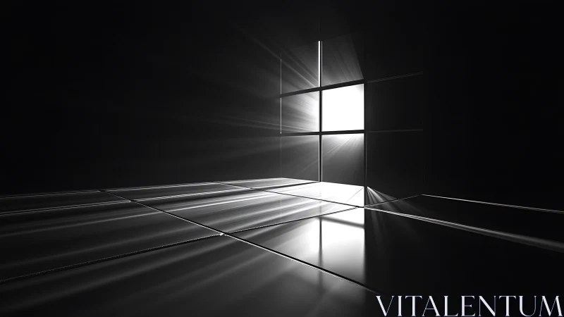 Minimalist light window casting beams across dark floor.