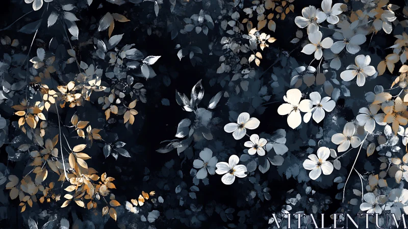 White and gold flowers rendered against dark atmospheric background