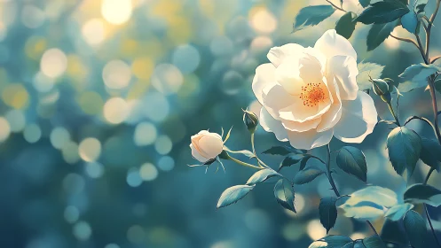 Luminous white rose blooms amid bokeh particles and teal atmospheric depth.