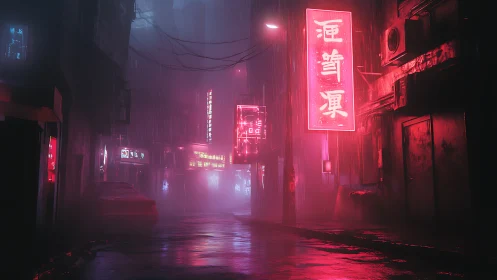 Rain soaked neon alley glows with dense cyberpunk atmosphere