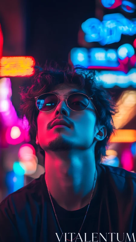 Man in neon city street with colorful night lighting.