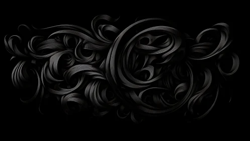 Curled black ribbons in intricate luminous abstract flow.