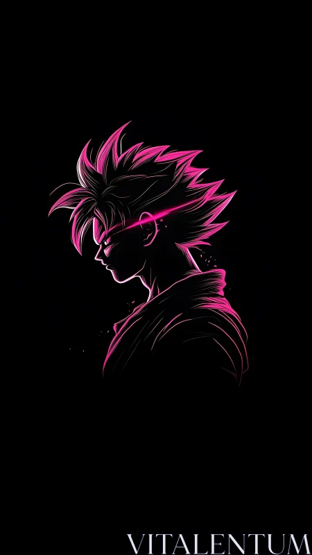 Neon anime warrior profile glows against deep black void