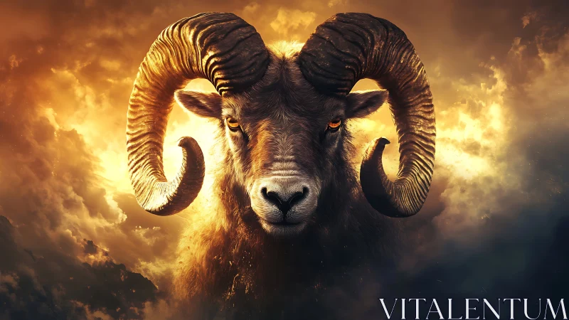 Mythic ram emerges from blazing storm clouds at dusk