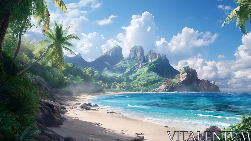 Tropical Paradise Beach with Dramatic Mountain Peaks.