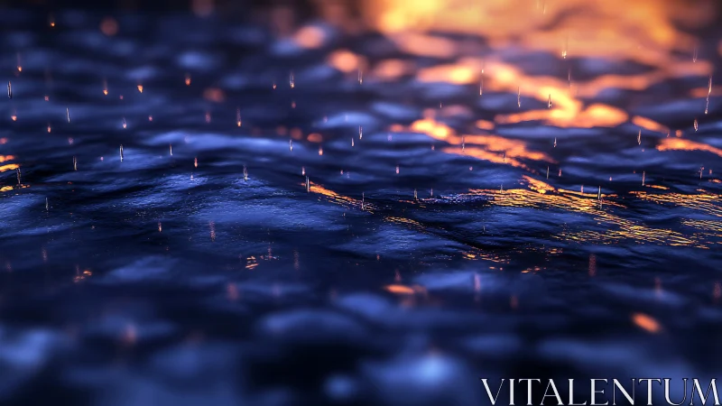 Raindrops on rippling water under warm sunset light.