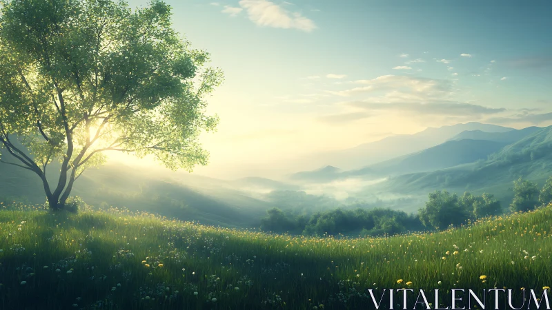 Sunlit tree on misty green hills at early morning light.