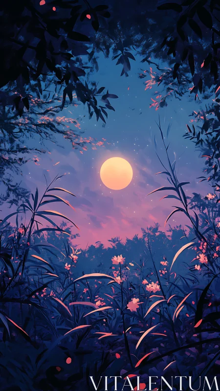 Moonlit meadow portal under electric twilight hush.