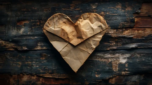 Crumpled Paper Heart on Weathered Wood Surface.