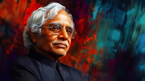 Elder statesman gazes through firelit colors of memory.