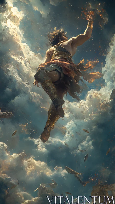 Skybound titan lunges through burning clouds of mythic ruin.