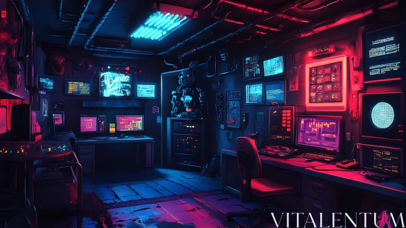 Neon-lit underground control room hums with cyber activity.