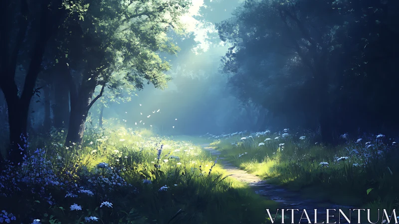 Forest clearing with flowering vegetation and stream pathway