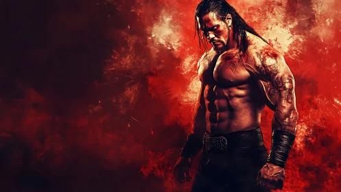 Brooding warrior in crimson smoke and dramatic side light.