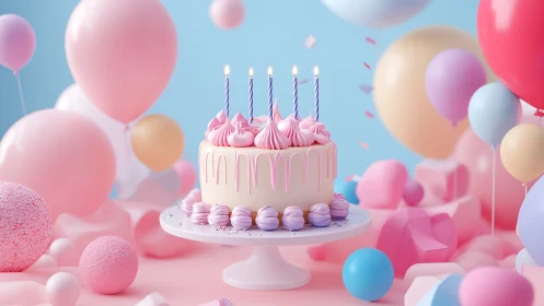 Pastel Birthday Cake Surrounded by Pink and Metallic Balloons