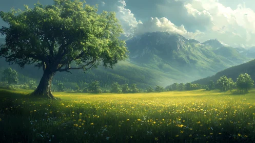 Solitary tree on sunlit meadow before distant mountains.