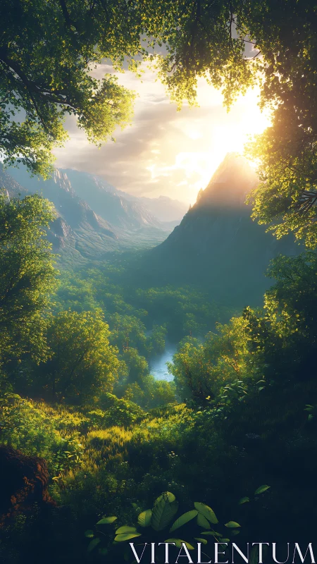 Sunlit valley unfurls beneath a leafy forest curtain of wonder