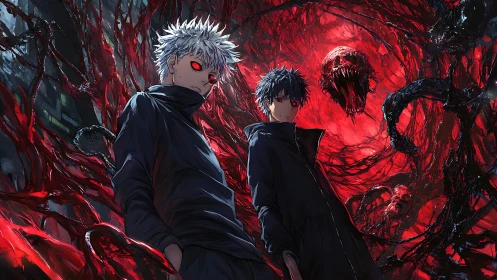 Red-eyed anime duo confront monstrous void of writhing shadows.