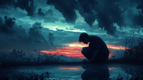 Solitary figure kneeling by water under stormy dusk sky.