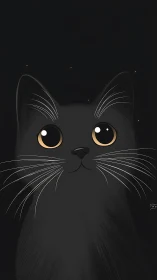 Black Cat with Golden Eyes Against Dark Background.